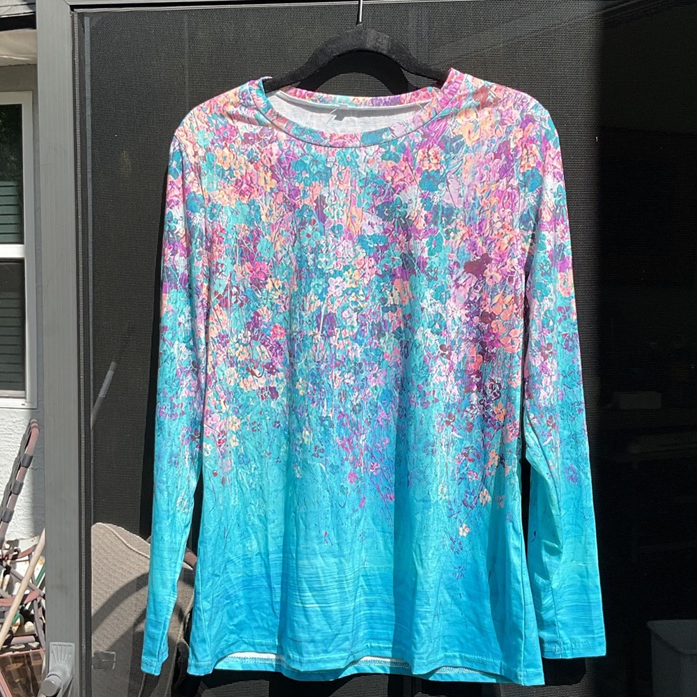 Floral Multicolor Long Sleeve Top, Size Large